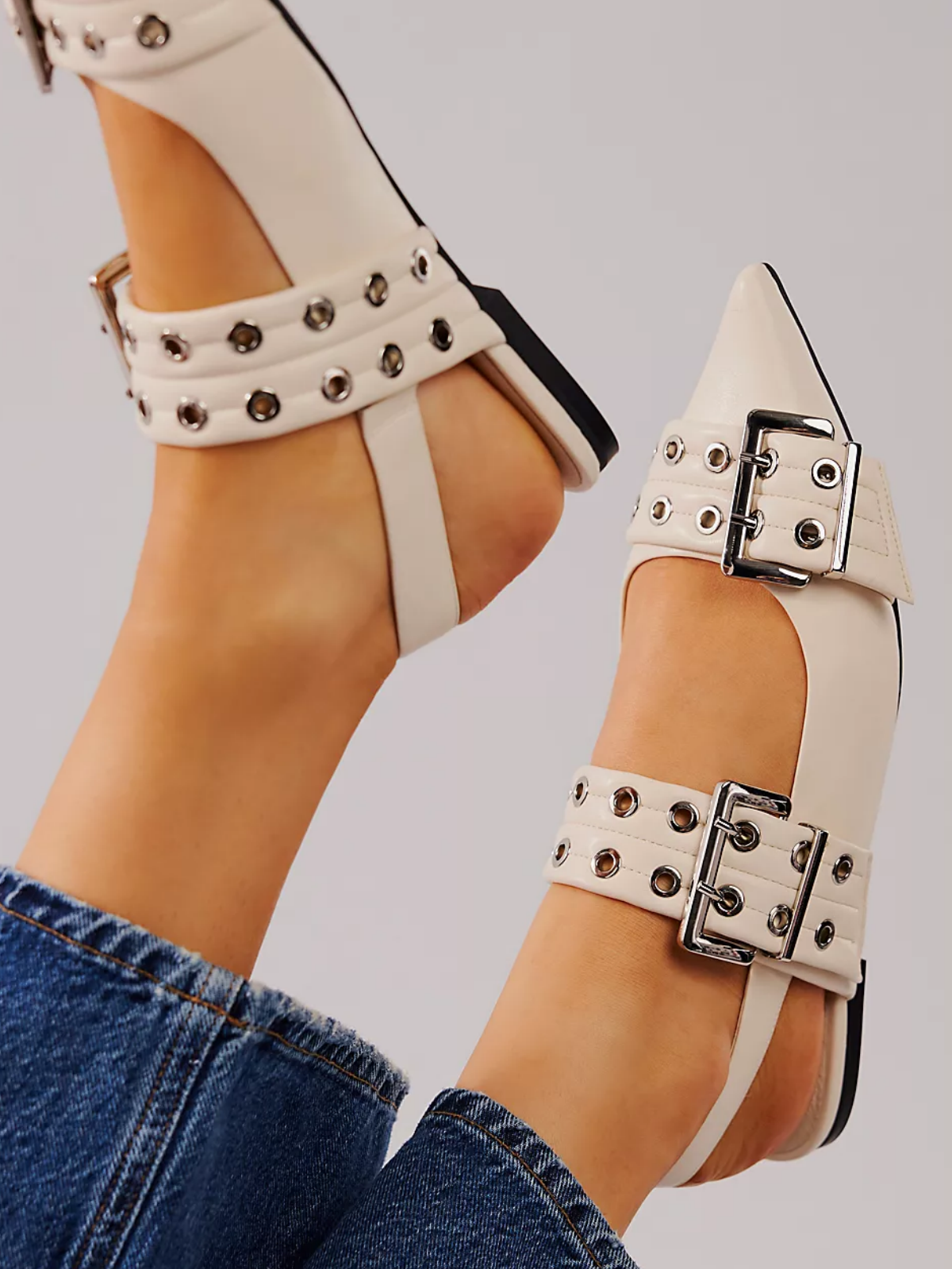 Light Beige Grommet Eyelet Buckle Strappy Pointy Flats Mary Janes Slingbacks