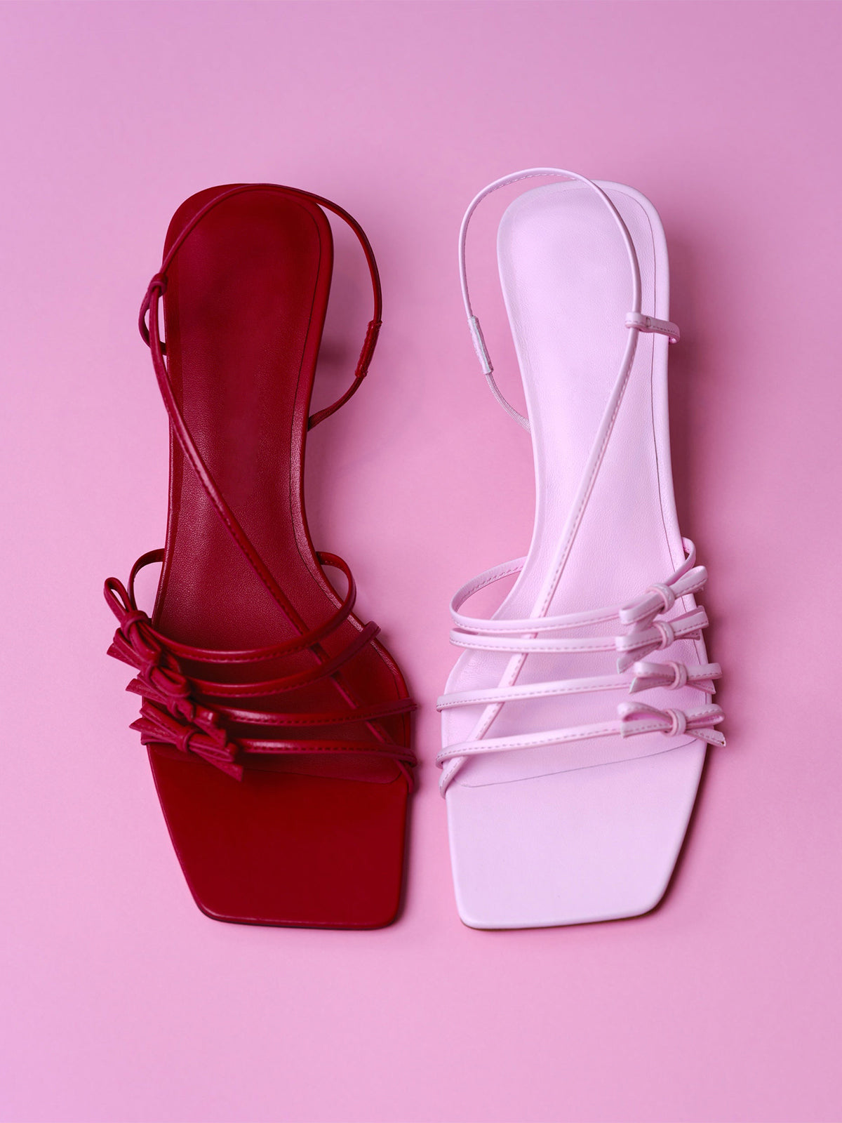 Red Square-Toe Multi-Straps With Bows Kitten Heels