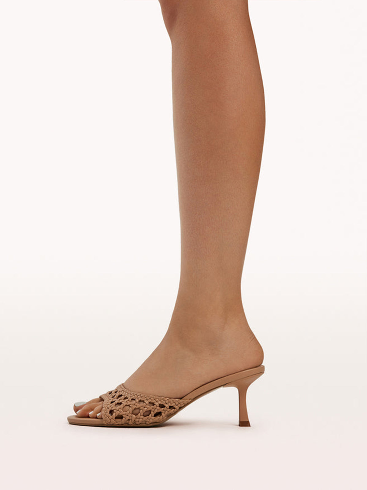 Peanut Vegan Leather Woven Open Round-Toe Slip-On Kitten Heels