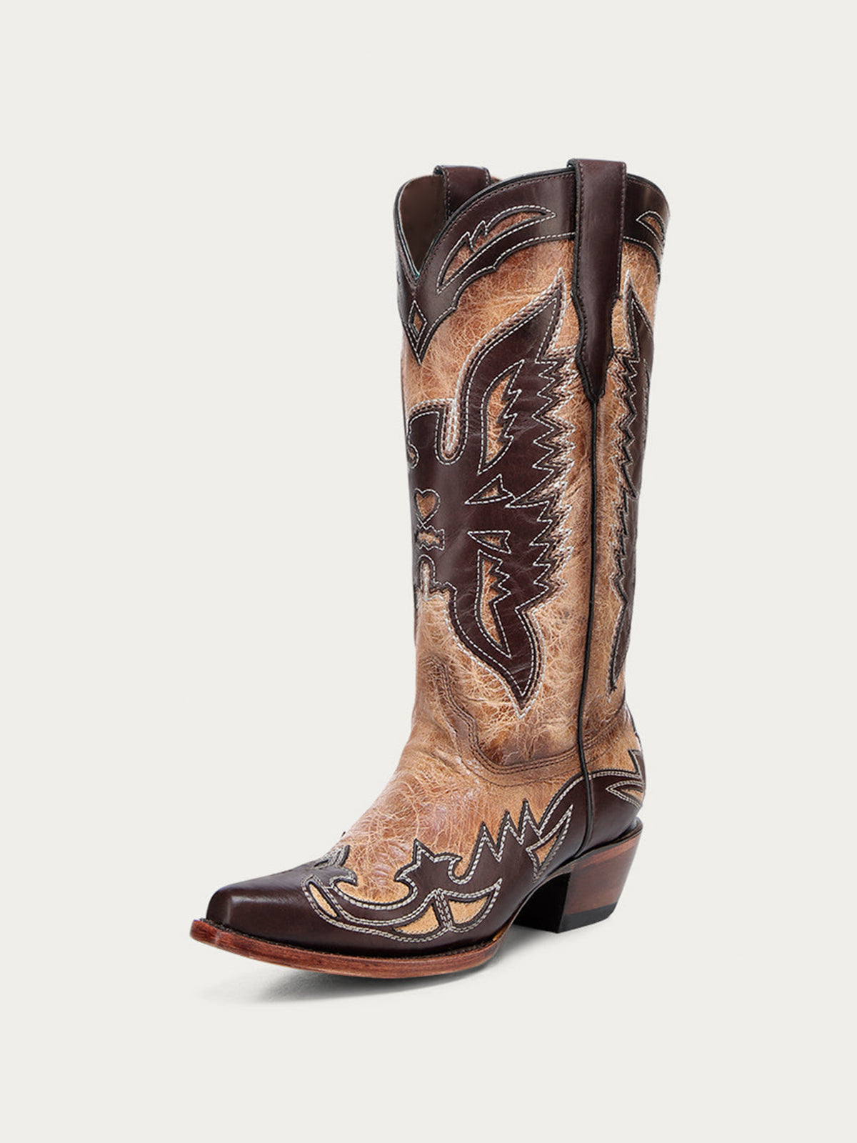Distressed Sand Snip-Toe Chic Eagle Applique Mid Calf Cowgirl Boots