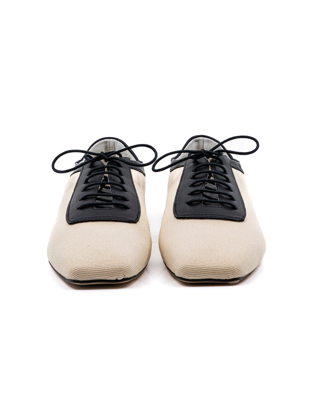 Beige Canvas And Black Vegan Leather Square-Toe Lace-Up Flats