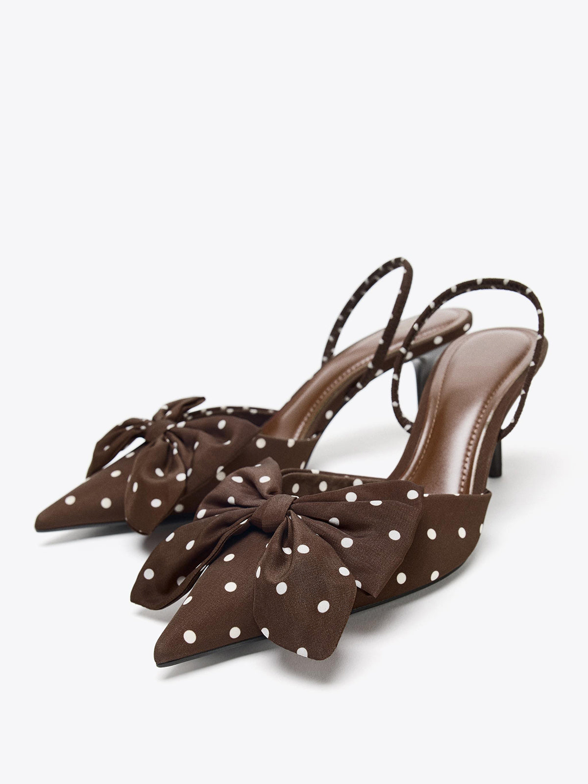 Chocolate Satin Pointed-Toe Front Bow Polka Dot Print Slingback Kitten Heels