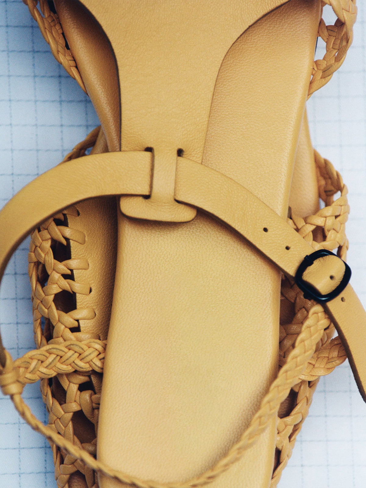 Yellow Woven Vegan Leather Square-Toe Ankle Strap Chic Flats