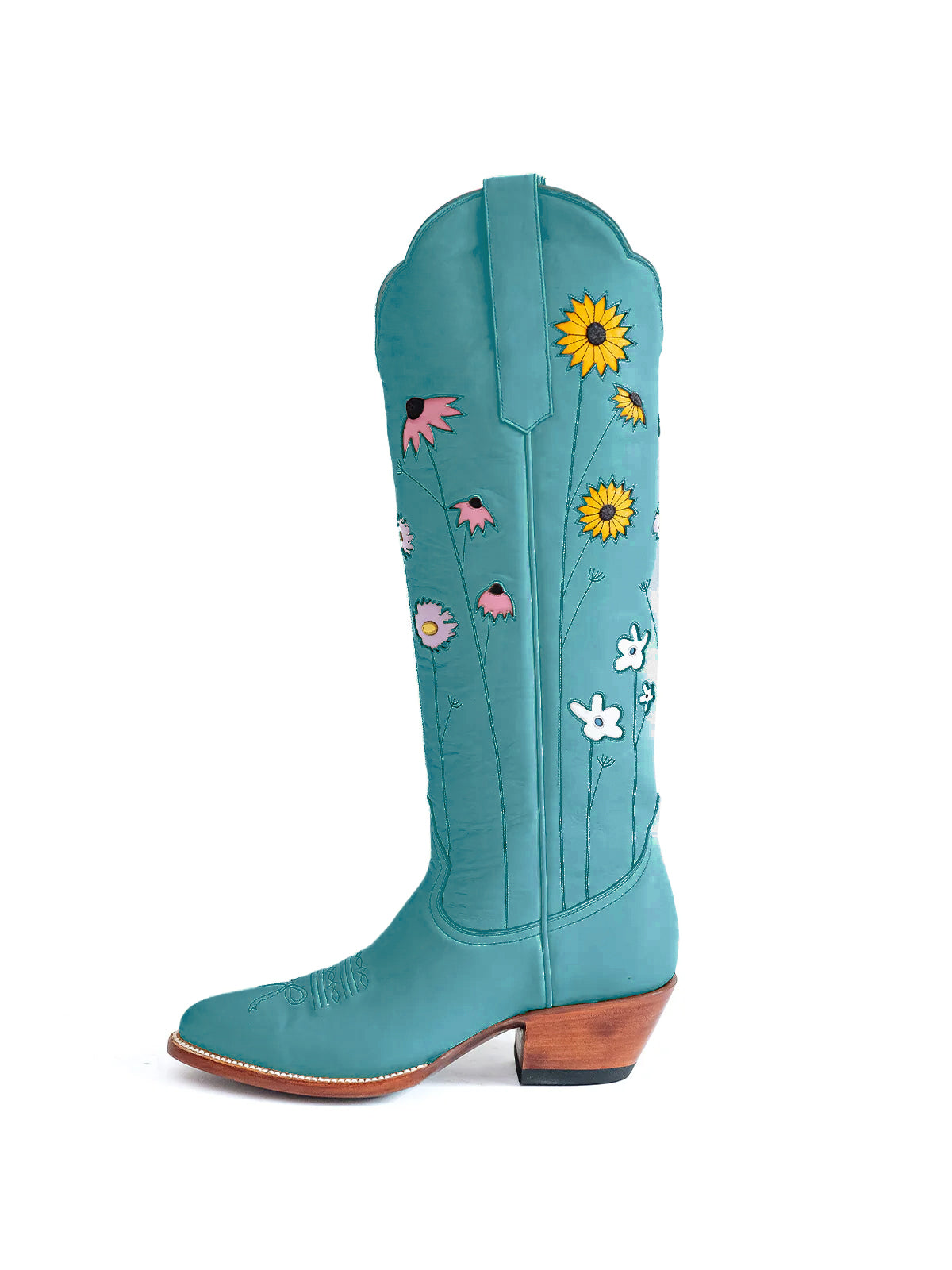 Teal Almond-Toe Colorful Flowers Inlay Wide Calf Knee High Cowgirl Boots