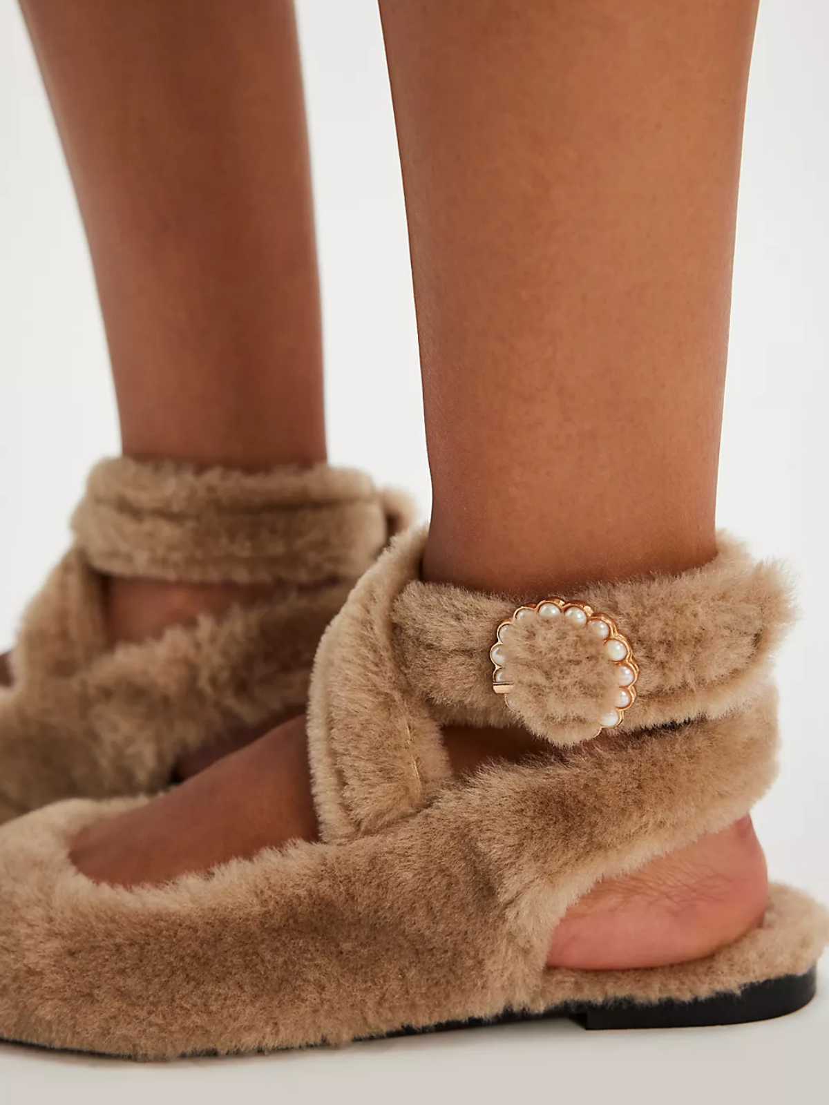 Tan Fluffy Pointed-Toe Slip-On Wrapped Ankle Strap Flats