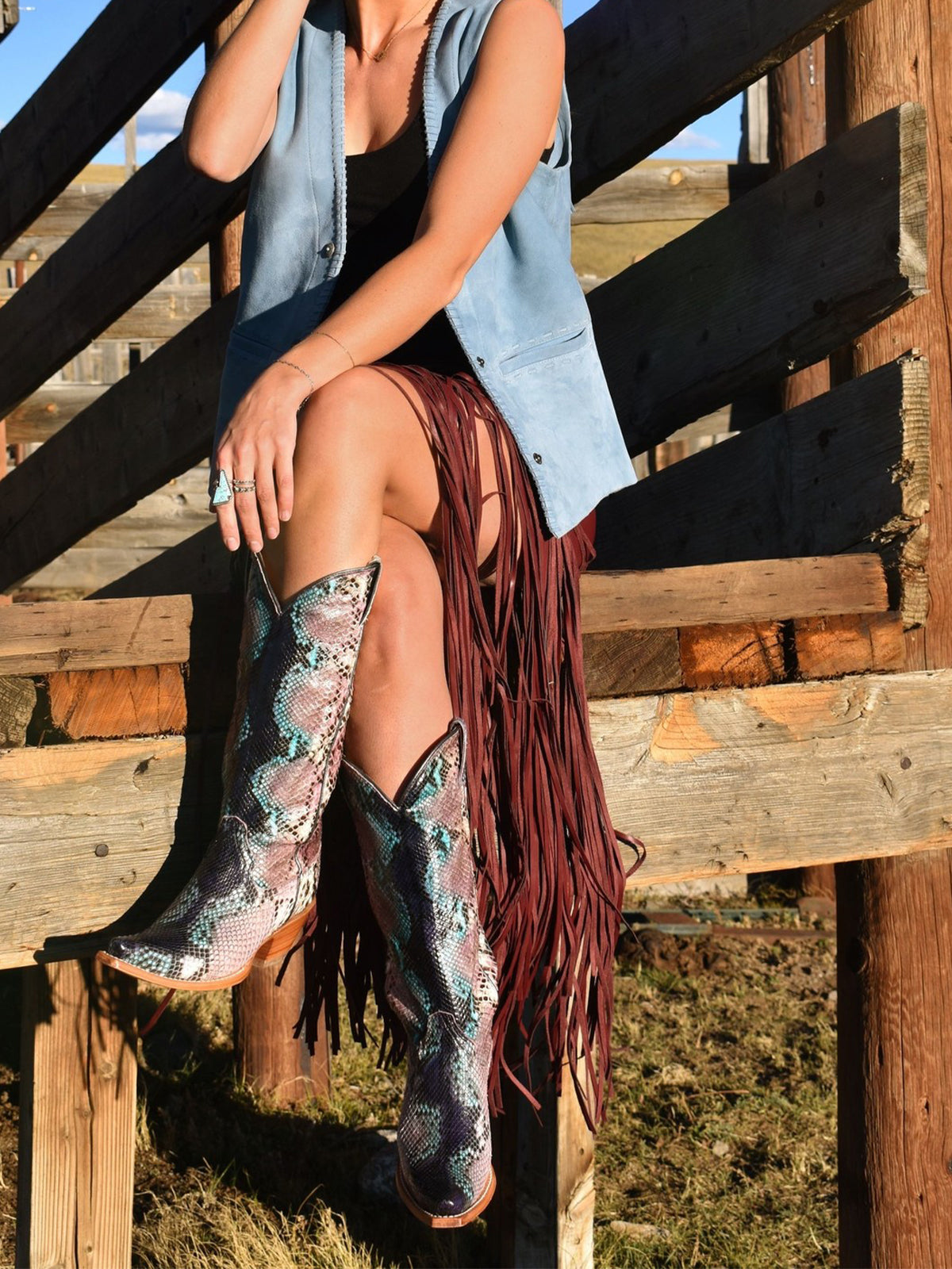 Purple Snakeskin Print Snip-Toe Sleek Wide Calf Knee High Cowgirl Boots