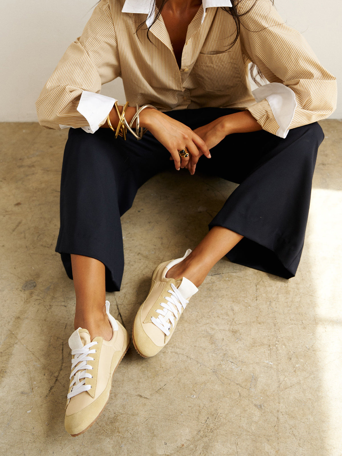 Cow Suede And Satin Round-Toe Lace-Up Chic Sneakers - Butter