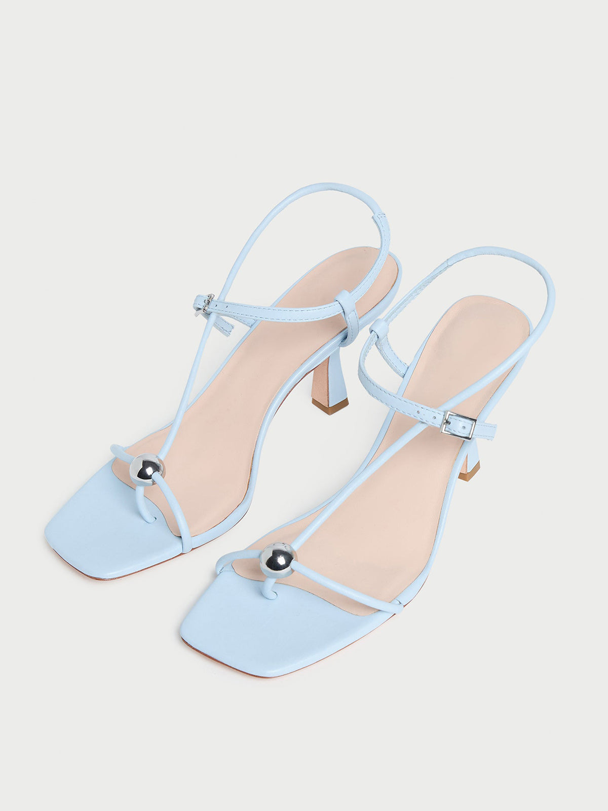 Blue Square-Toe Buckle Strappy Kitten Heels With One Silver Ball