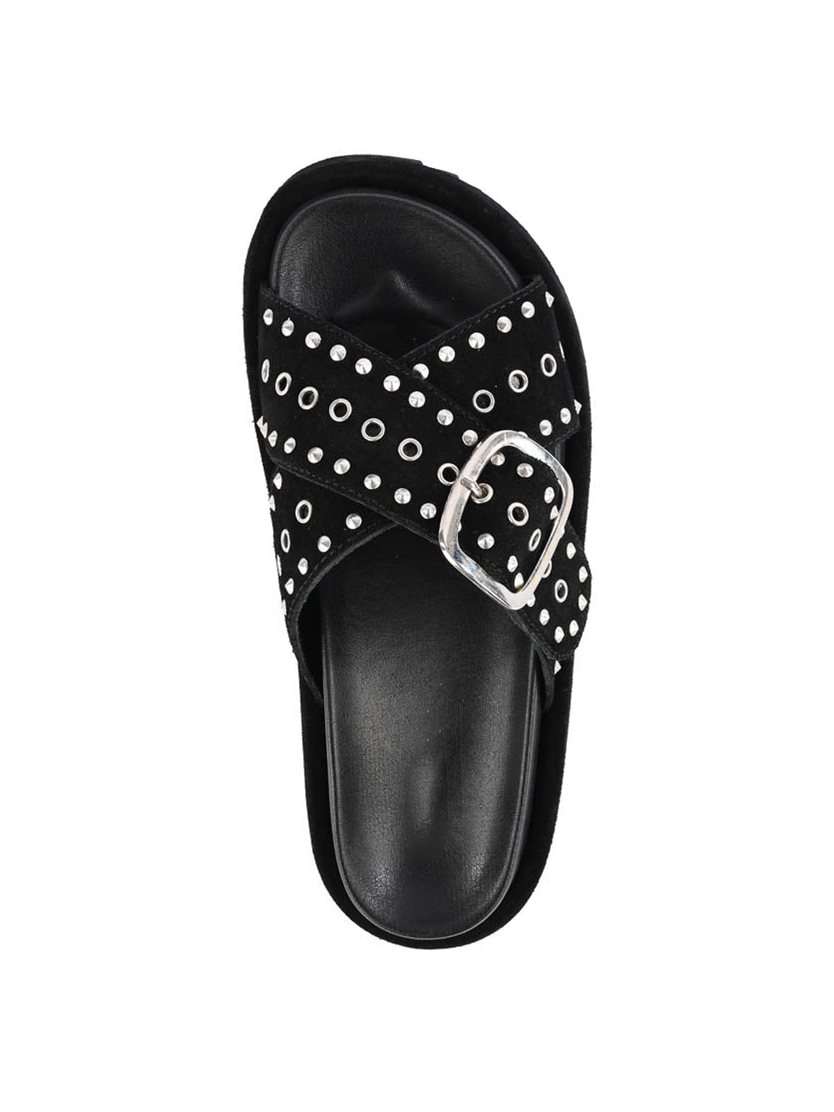 Black Faux Suede Round-Toe Crossed Straps With Eyelets And Rhinestones Sandals