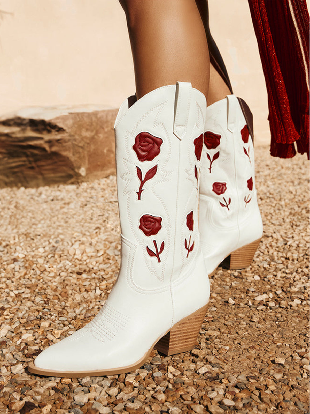 White Almond-Toe Red Rose Inlay Mid Calf Cowgirl Boots