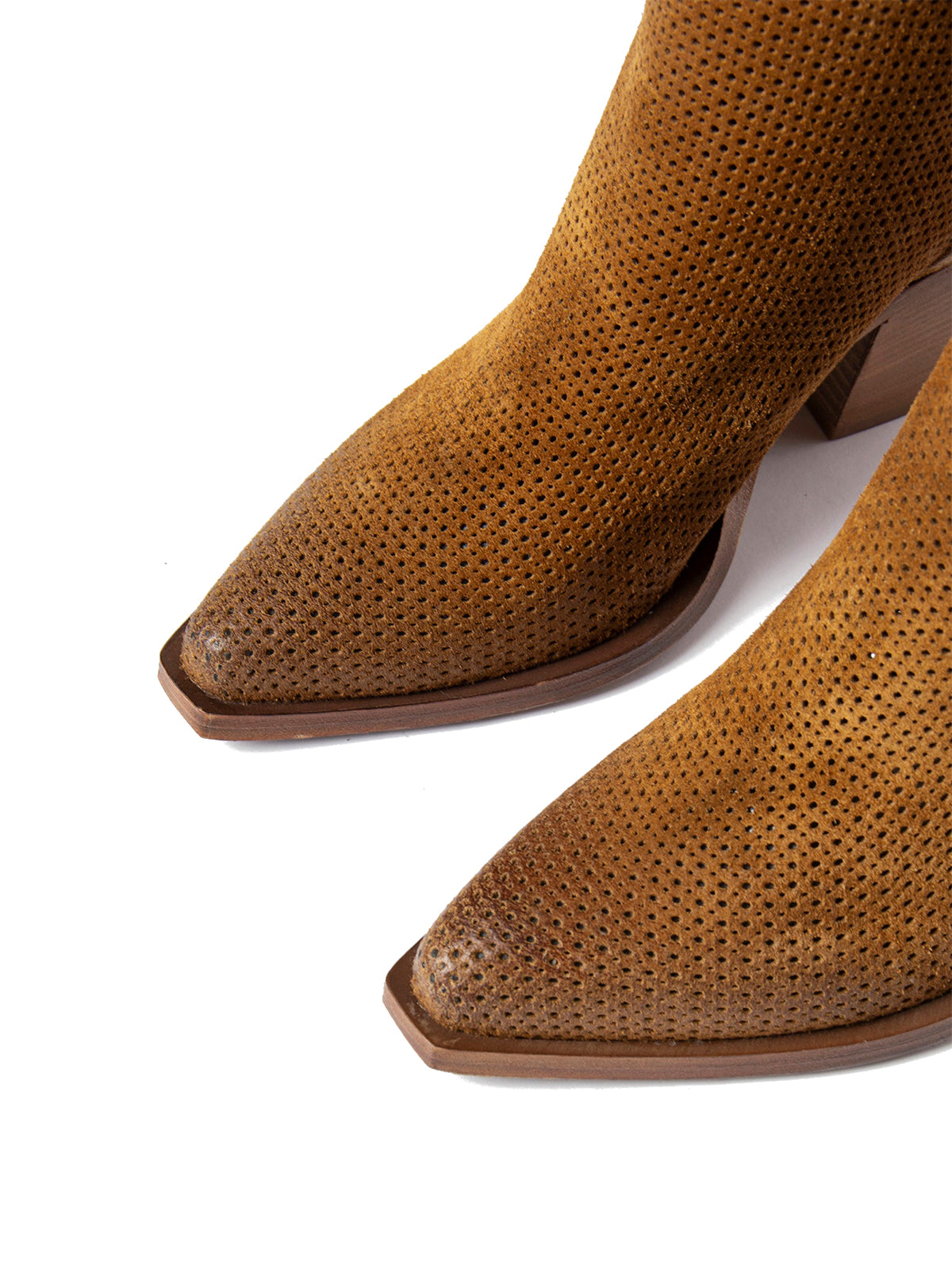 Brown Faux Suede Snip-Toe Perforated Back Full-Zip Ankle Cowgirl Boots