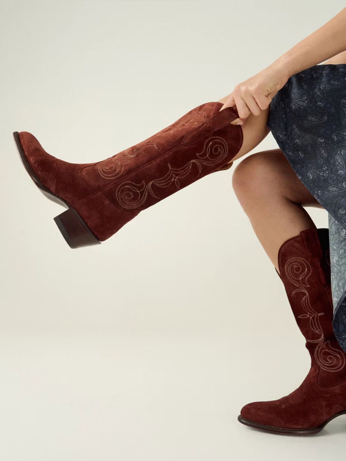 Brick Faux Suede Round-Toe Knee High Wide Calf Embroidery Cowgirl Boots
