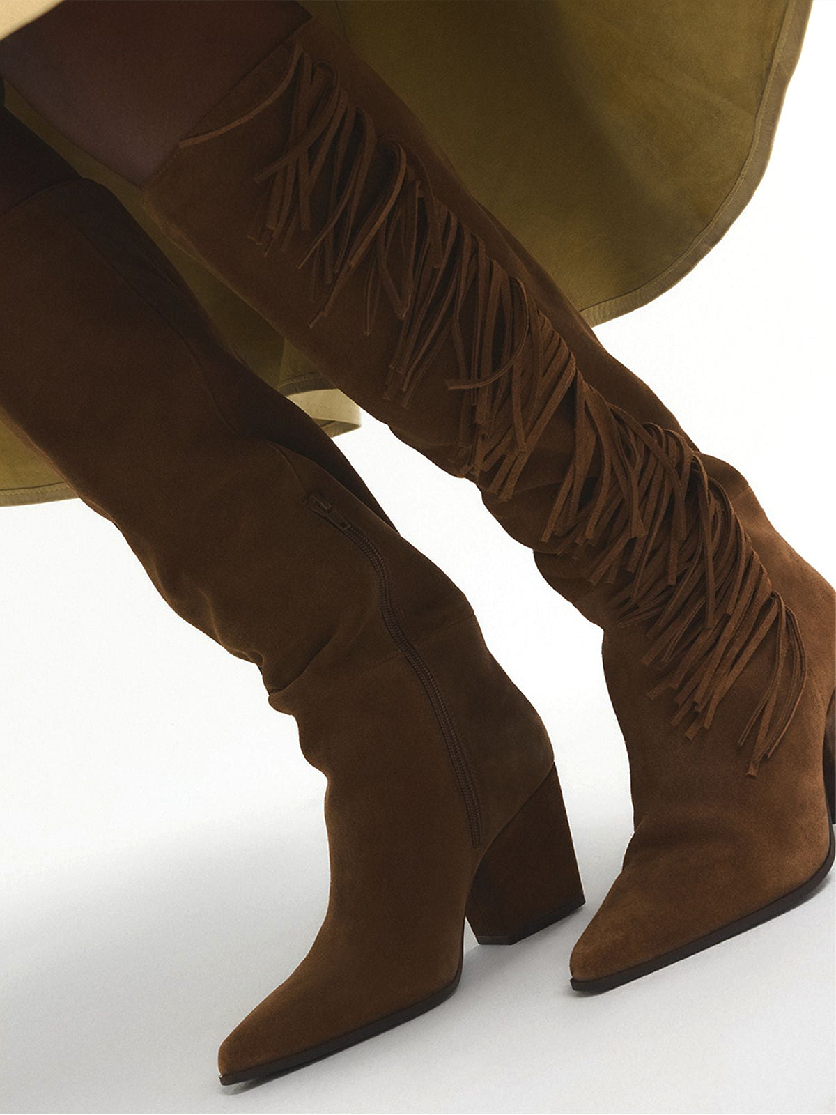 Brown Faux Suede Snip-Toe Side Fringe Half-Zip Simple Knee High Cowgirl Boots