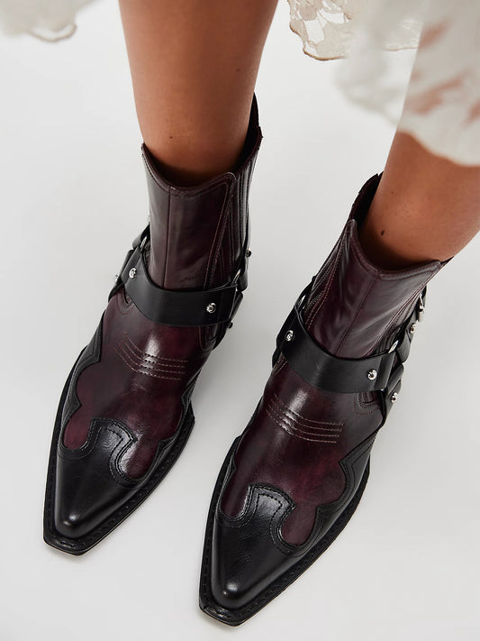 Burgundy Snip-Toe Buckle Straps Ankle Cowgirl Boots