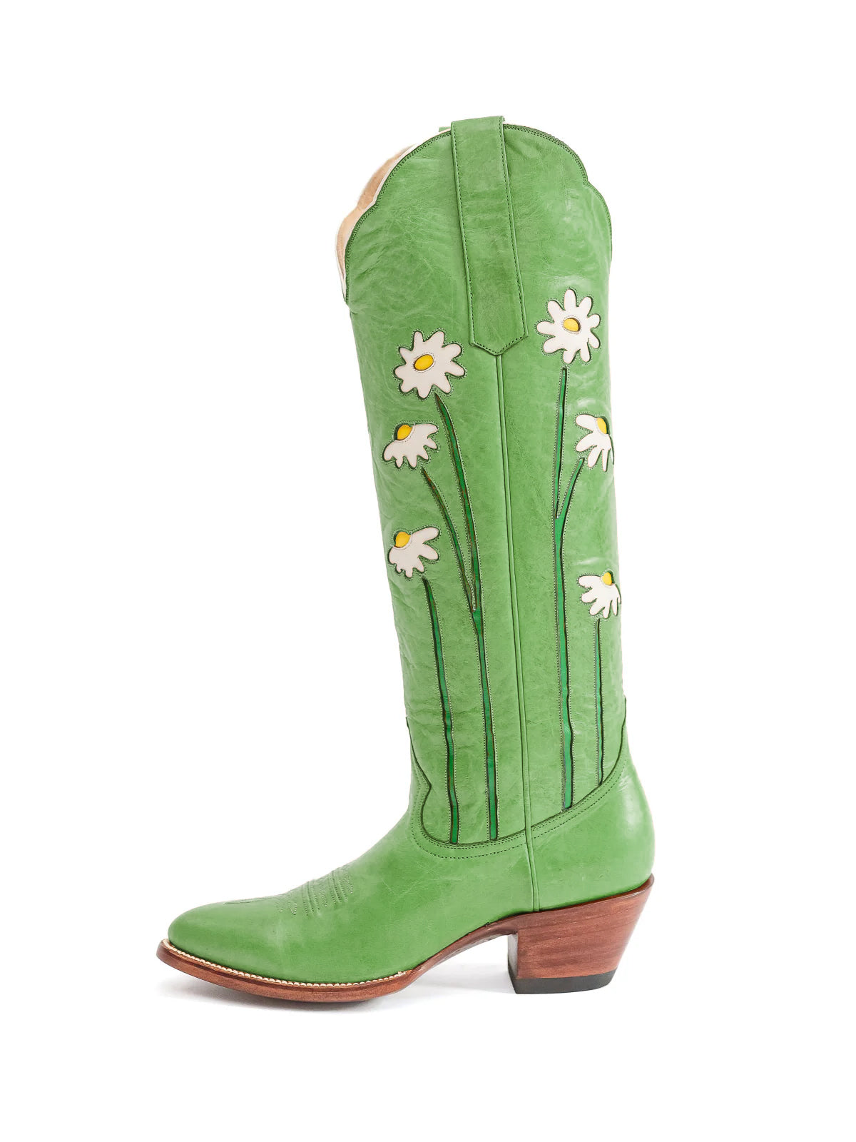 Green Almond-Toe Wide Calf Western Boots Knee High Tall Boots With Floral Inlay