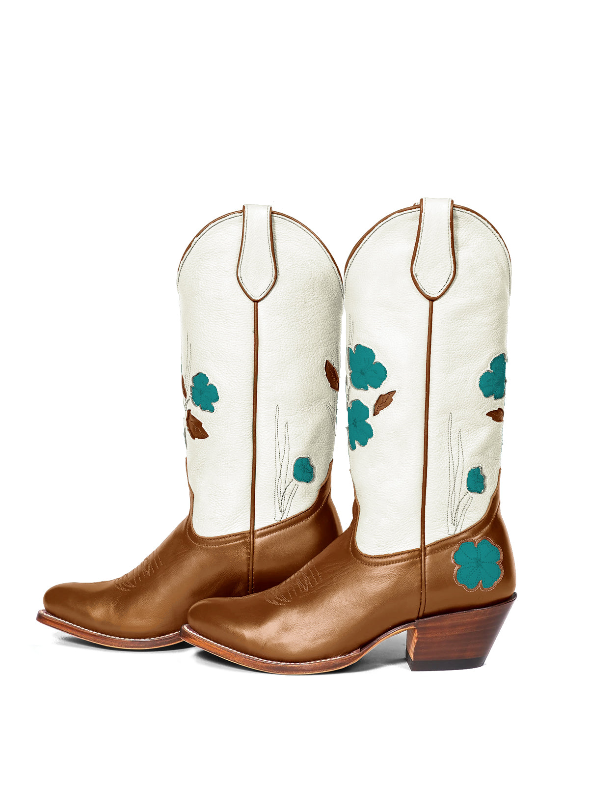 Contrast White And Brown Almond-Toe Green Flower Inlay Mid Calf Cowgirl Boots