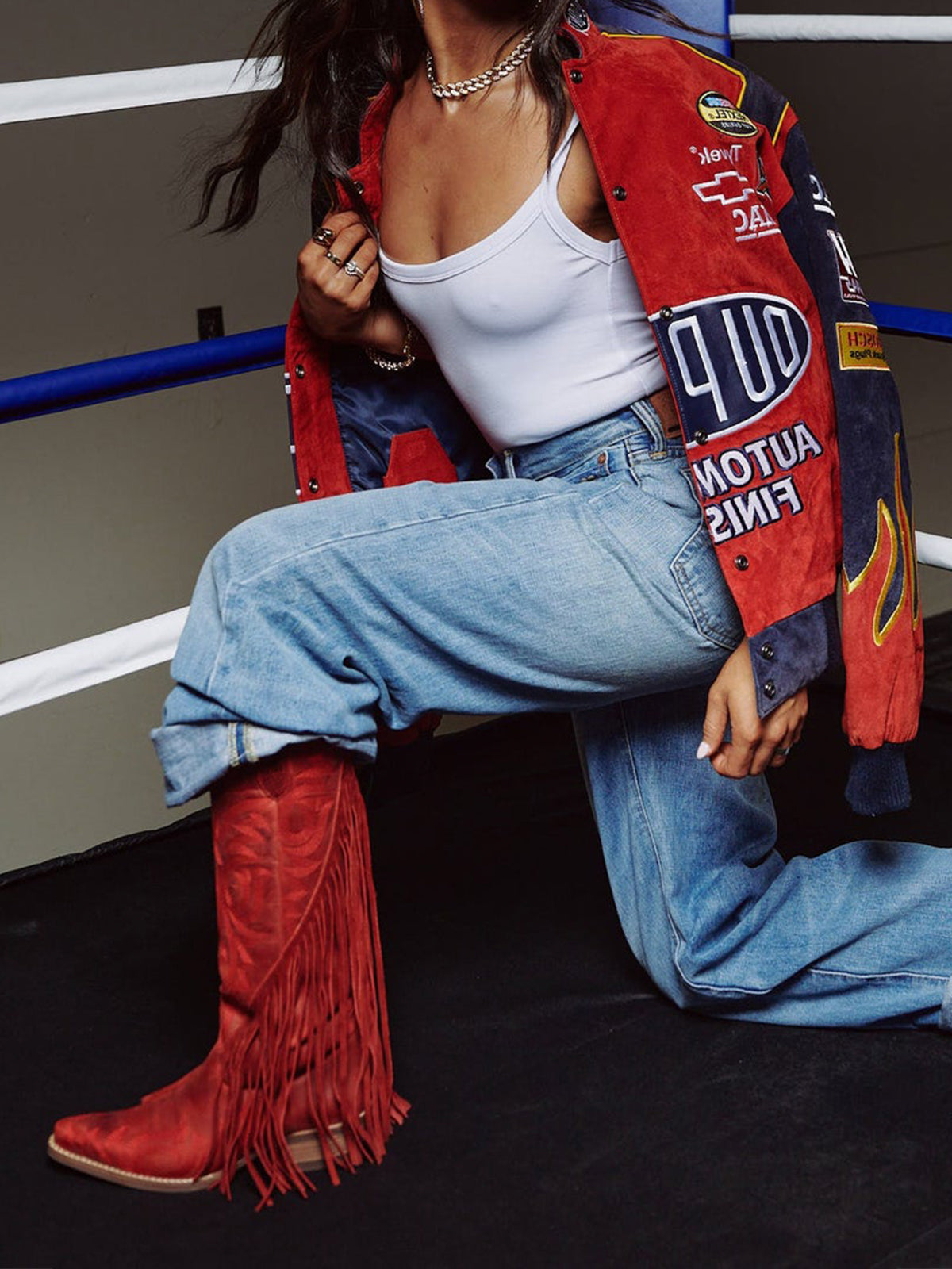 Red Snip-Toe Faux Suede Side Fringe Embroidery Wide Calf Knee High Cowgirl Boots