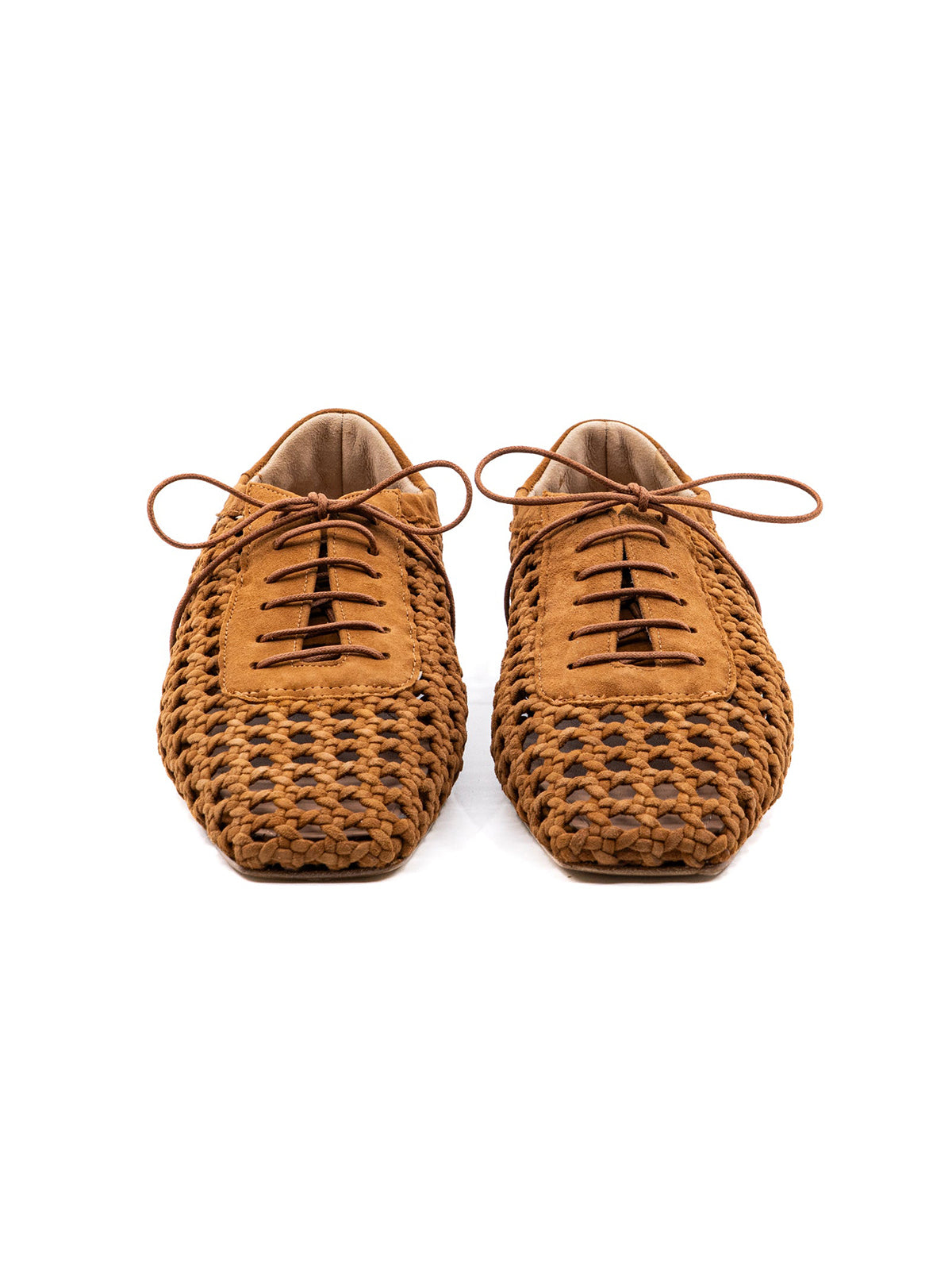 Brown Woven Faux Suede Square-Toe Lace-Up Chic Flats