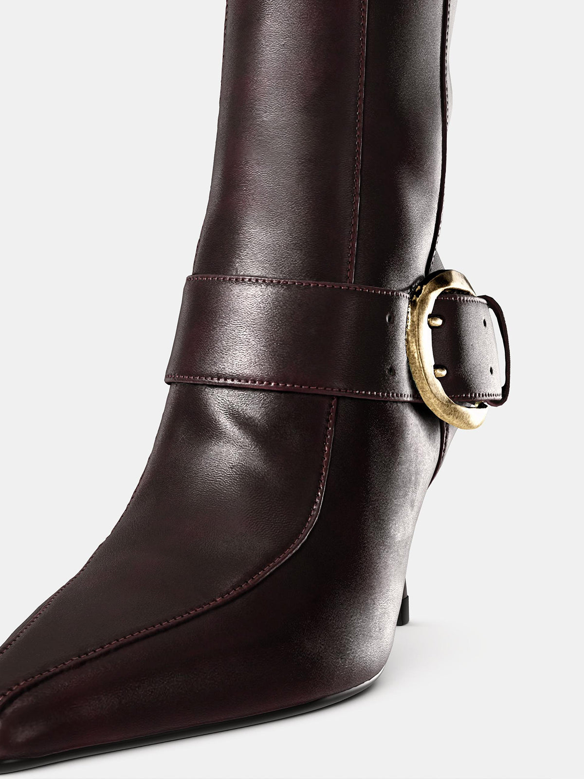 Brown Pointed-Toe Wide Buckle Strap Full-Zip Knee High Stiletto Boots