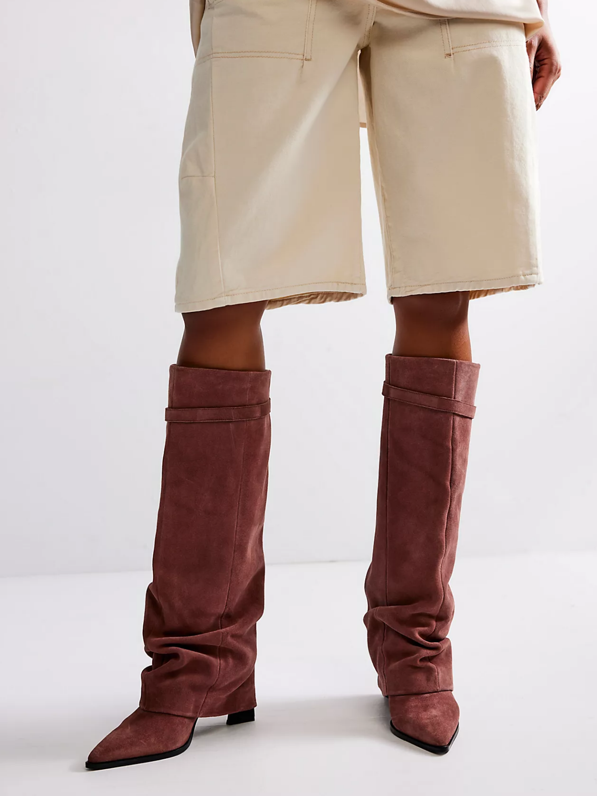 Faux Suede Pointed-Toe Buckle Fold-Over Mid Calf Boots - Mauve