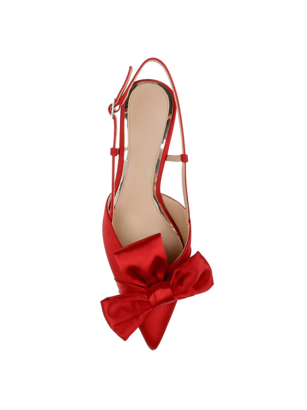 Red Satin Pointed-Toe Front Bow Slip-On Slingback Chic Kitten Heels