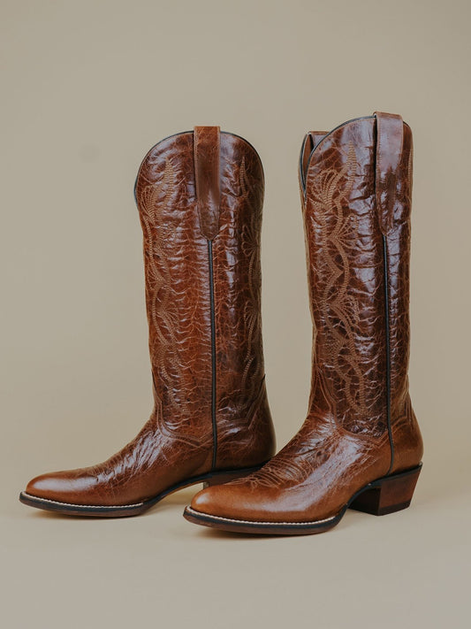 Distressed Whiskey Almond-Toe Fan-Shaped Embroidery Wide Knee High Cowgirl Boots