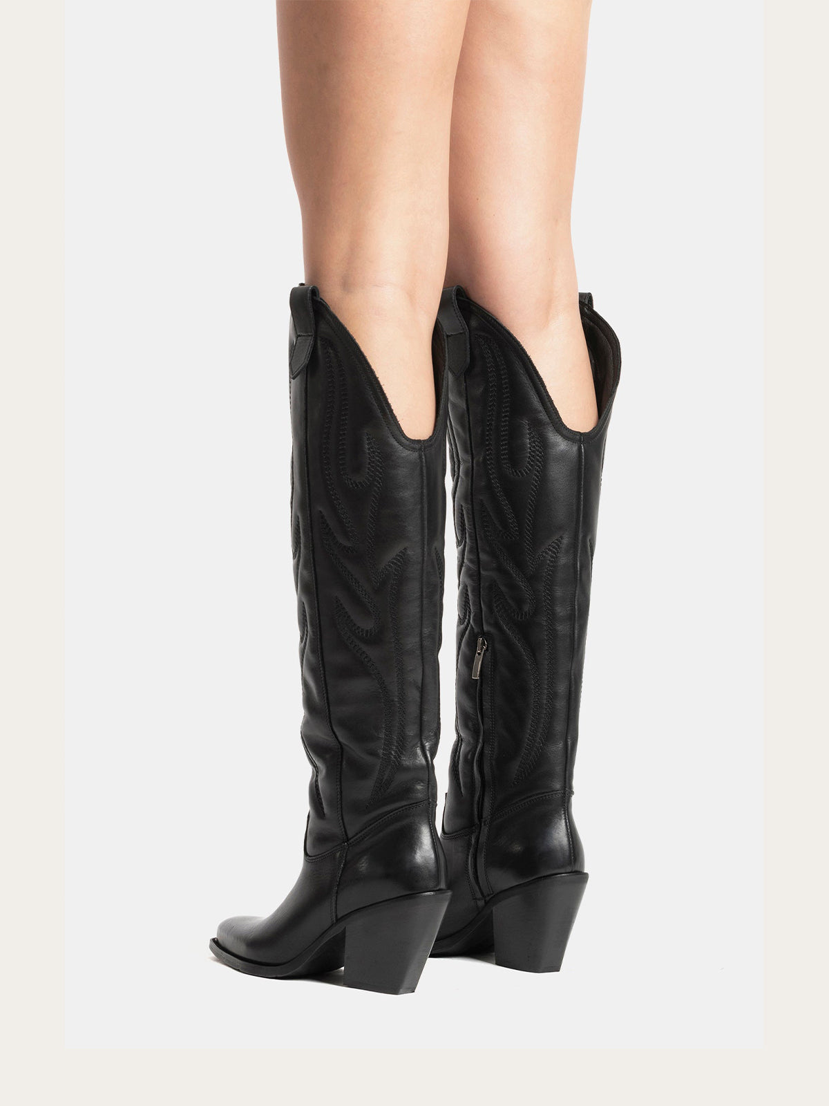 Black Classic Snip-Toe Embroidery Half-Zip Knee High Tall Cowgirl Boots