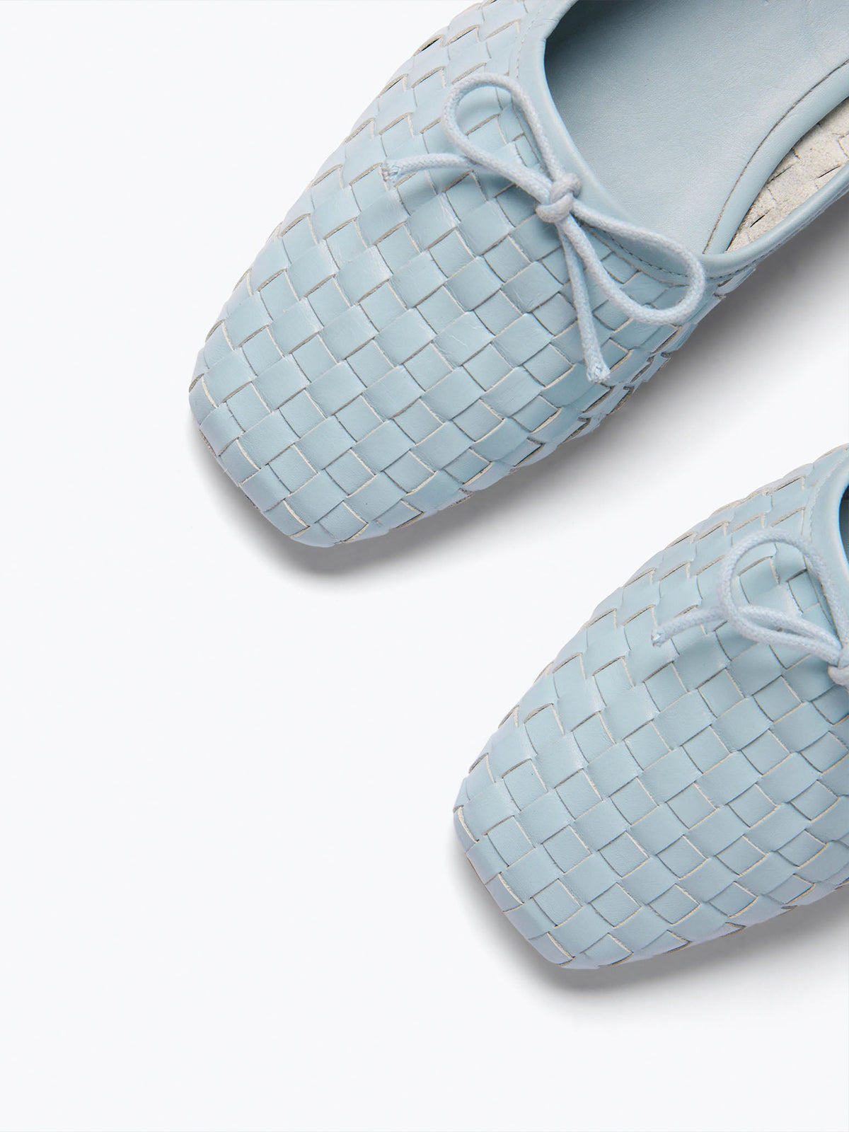 Vegan Leather Woven Square-Toe Bow Ballet Flats - Sky Blue