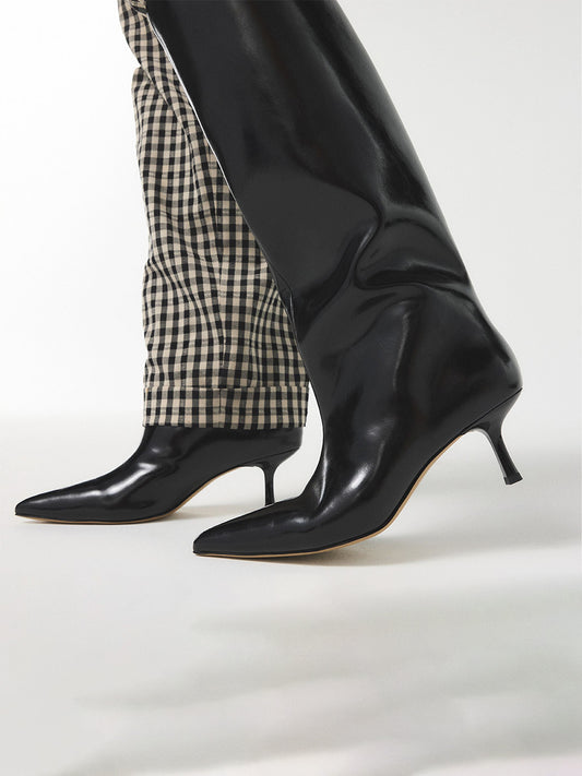Patent Black Pointed-Toe Sleek Wide Calf Knee High Stiletto Boots