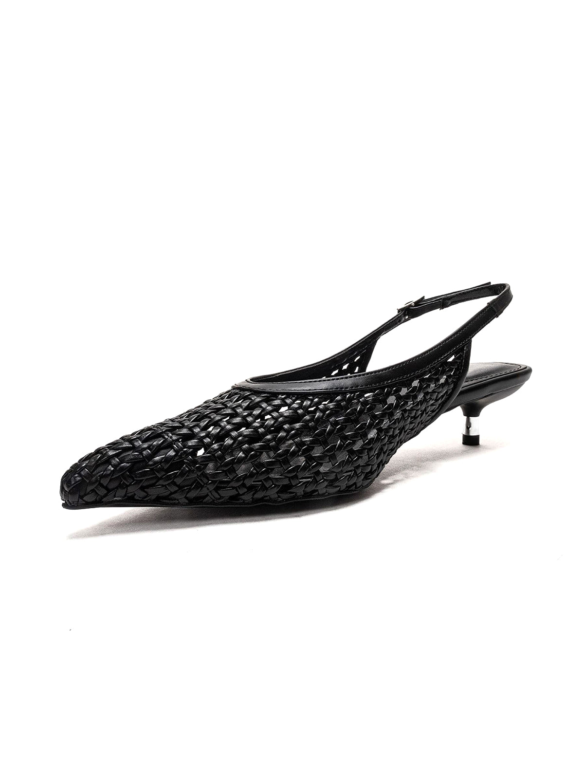 Black Woven Vegan Leather Pointed-Toe Classic Back Strap Pumps Kitten Heels