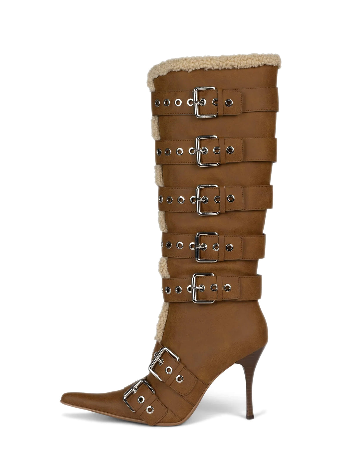 Tan Pointed-Toe Plush Full-Zip Knee High Stiletto Boots With Buckles