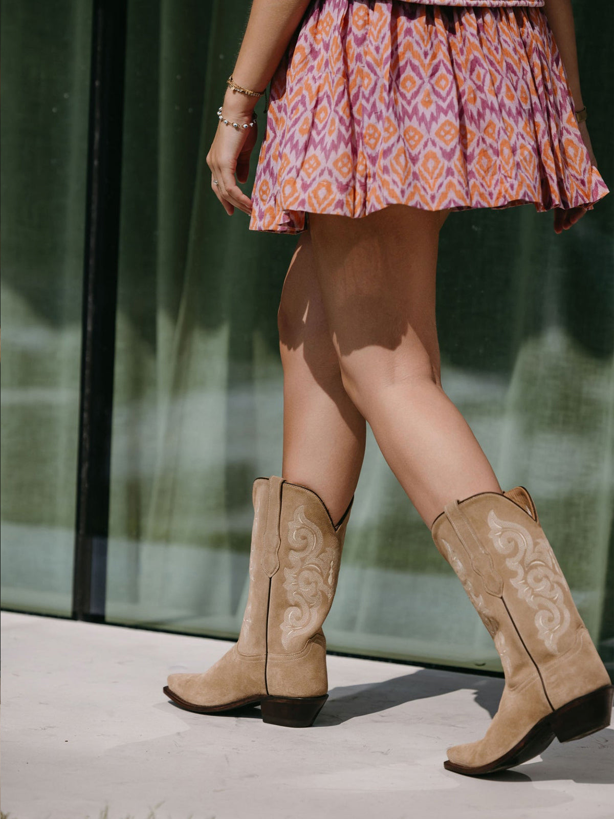 Tan Faux Suede Snip-Toe Embroidery Cowgirl Mid Calf Western Boots