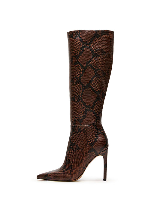 Brown Snakeskin Pattern Pointed-Toe Half-Zip Knee High Stiletto Boots
