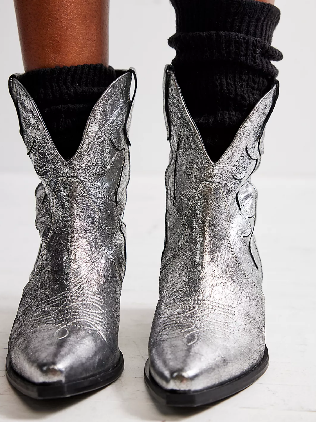 Metallic Silver Crinkle Stitch Inlay Pointy Cowgirl Ankle Booties