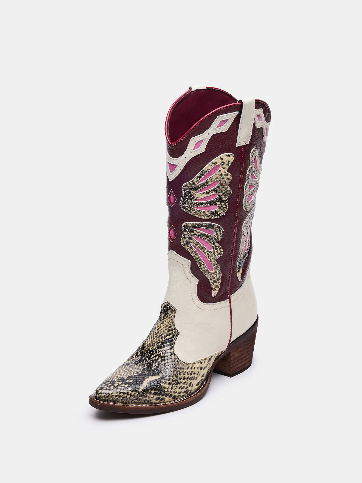 Contrast Tri-Color Snakeskin Print Pointed-Toe Butterfly Inlay Mid Calf Cowgirl Boots