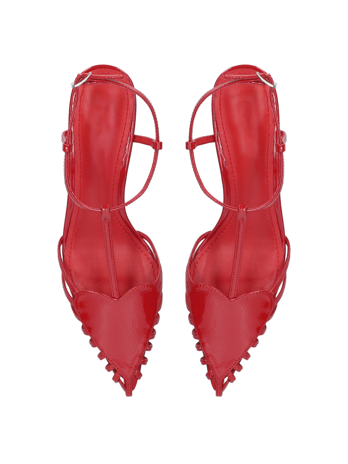 Patent Red Pointed-Toe Front Heart Design Ankle Strap Kitten Heels
