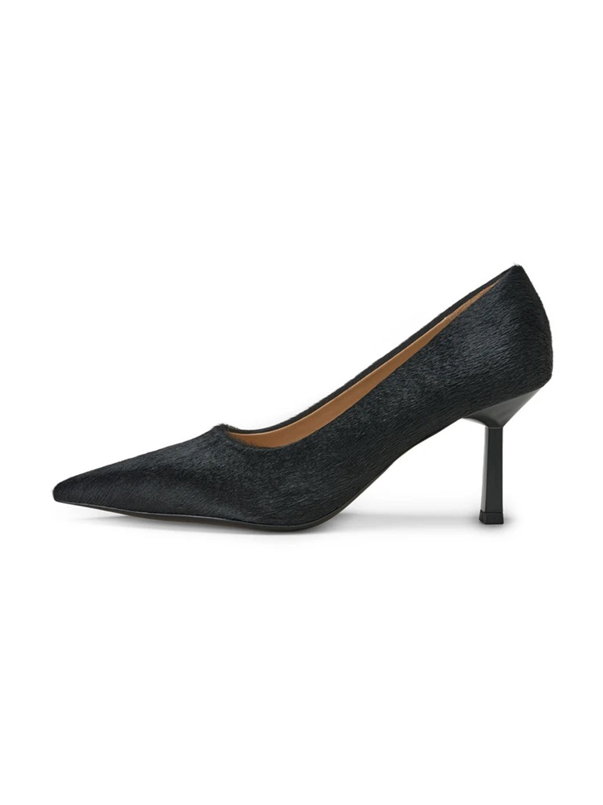 Black Pony Hair Vegan Leather Pointed-Toe Slip-On Chic Kitten Heels