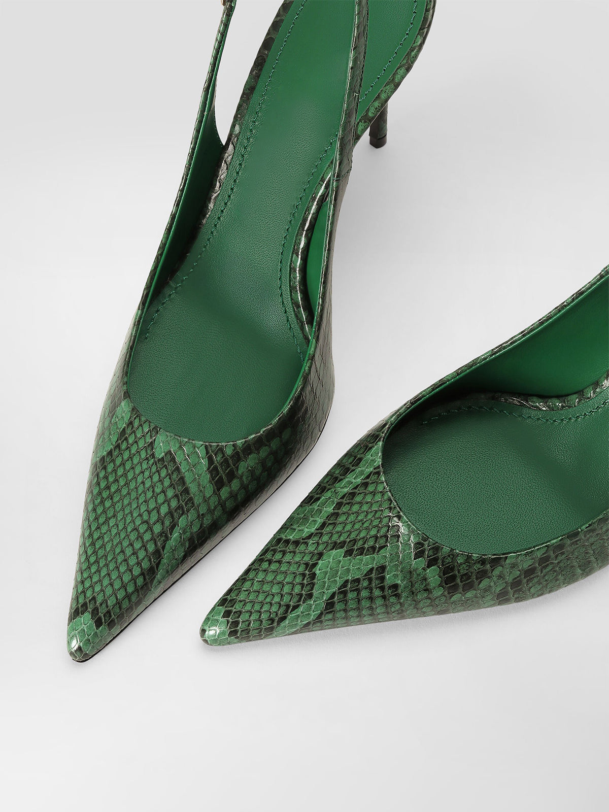 Green Snakeskin Print Pointed-Toe Buckle Slingback High Heels Pumps