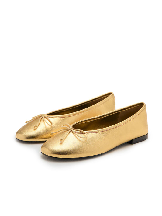 Metallic Gold Vegan Leather Round-Toe Classic Ballet Flats With Front Bow