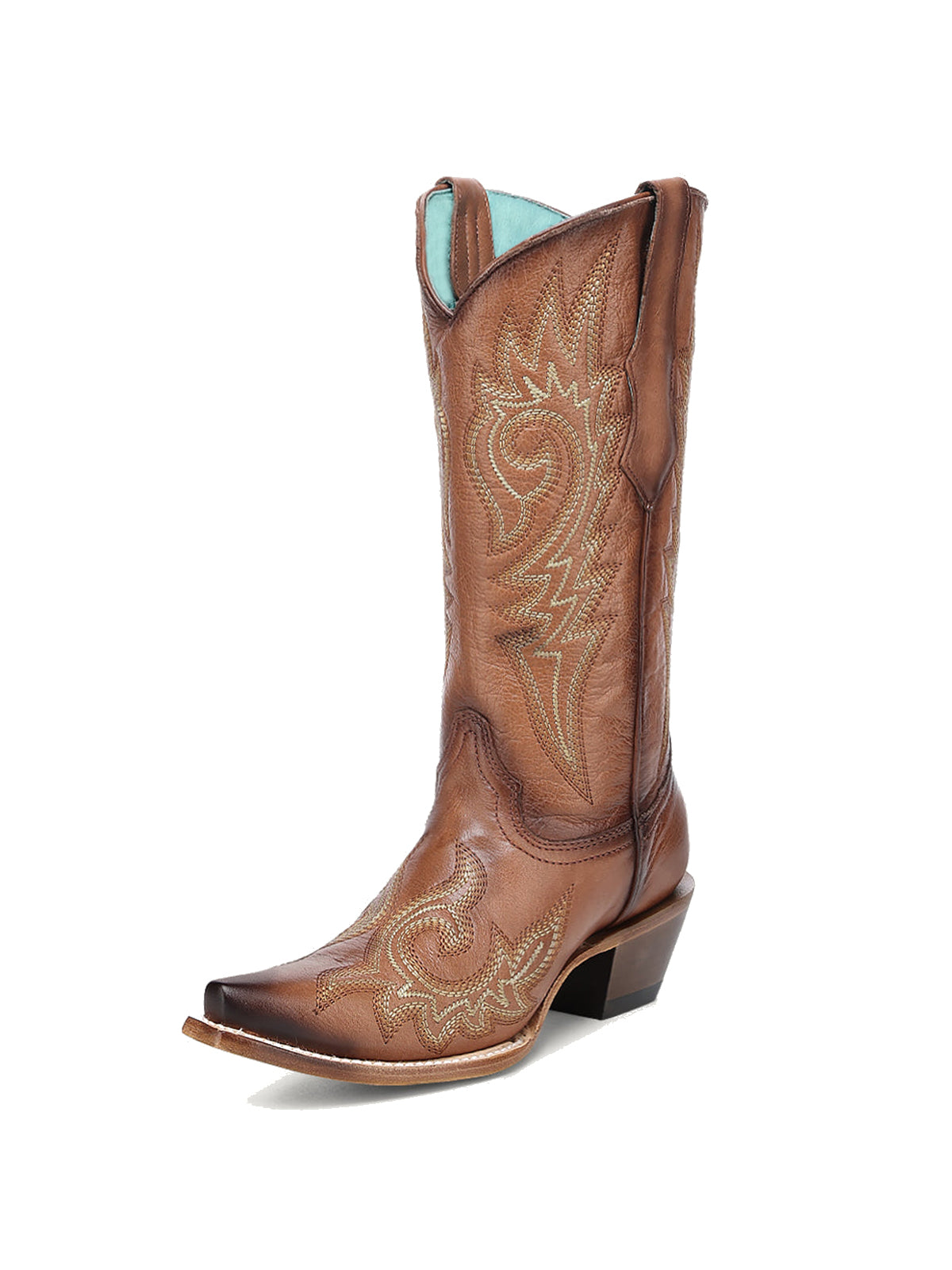 Brown Snip-Toe Flame Embroidery Mid Calf Classic Cowgirl Boots