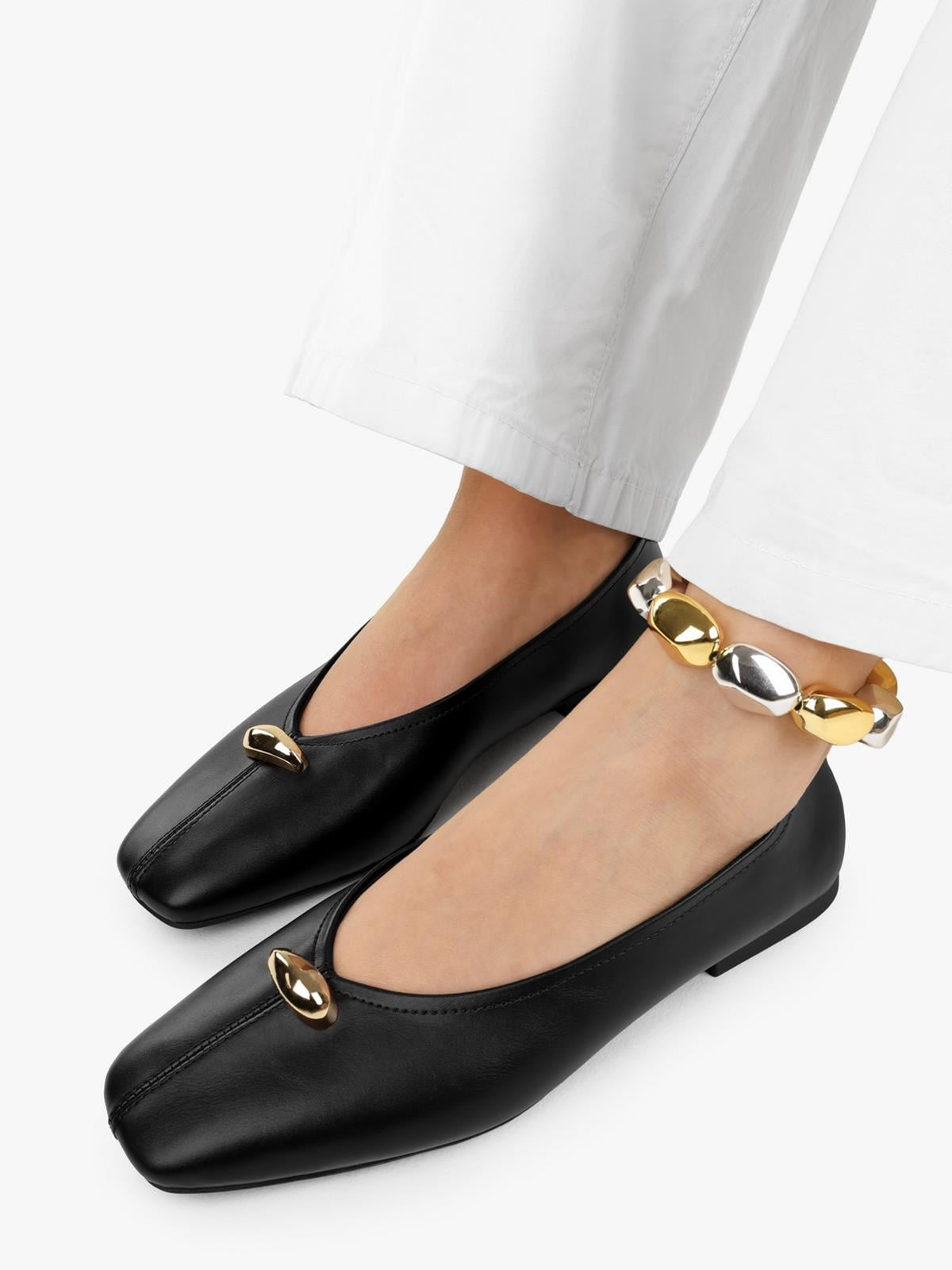 Black Square-Toe Front Gold Metal Detail Slip-On Flats