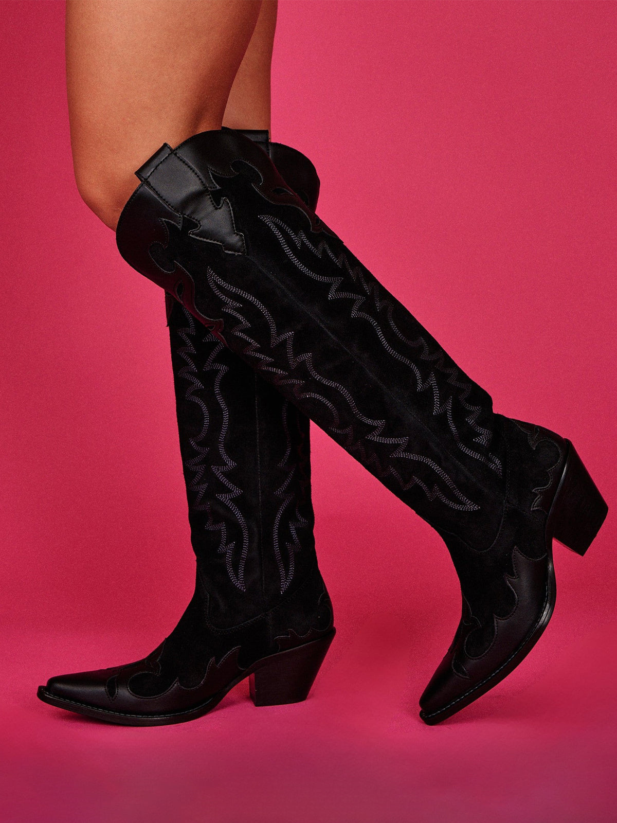 Black Faux Suede Snip-Toe Embroidery Vegan Leather Applique Wide Calf Knee High Cowgirl Boots