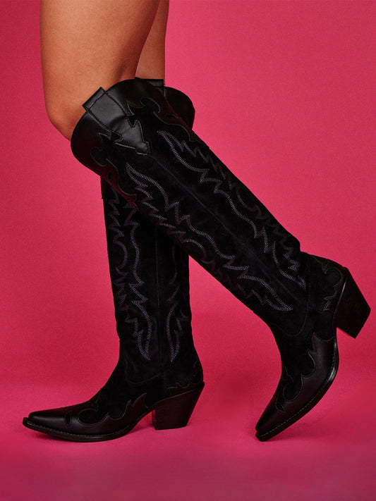 Black Faux Suede Snip-Toe Embroidery Vegan Leather Applique Wide Calf Knee High Cowgirl Boots