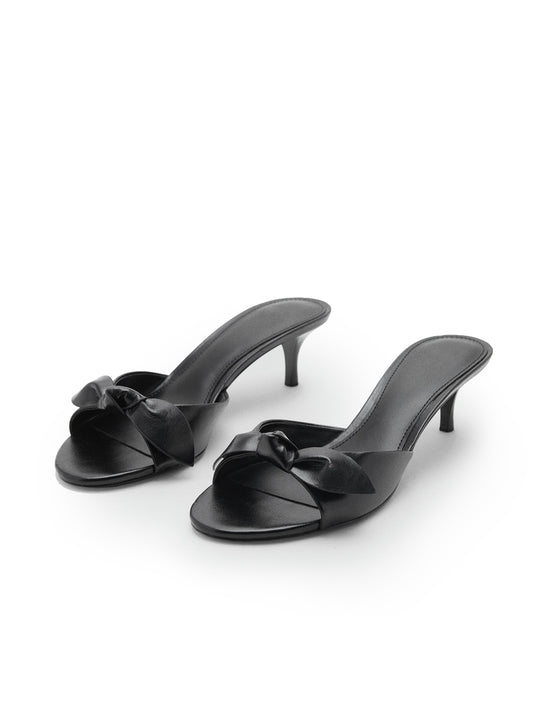 Black Round-Toe Simple Kitten Heels With Bow