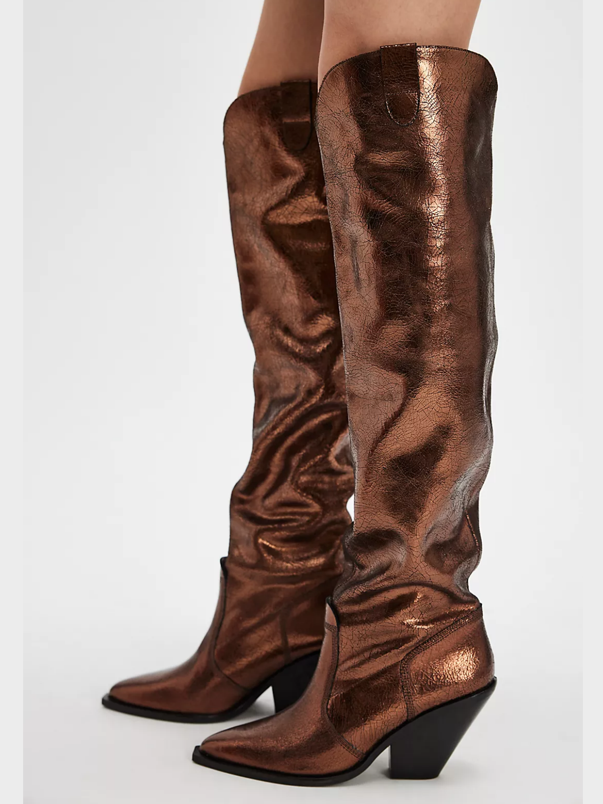 Metallic Bronze Pointed-Toe Slouchy Wide Calf Tall Knee High Western Boots