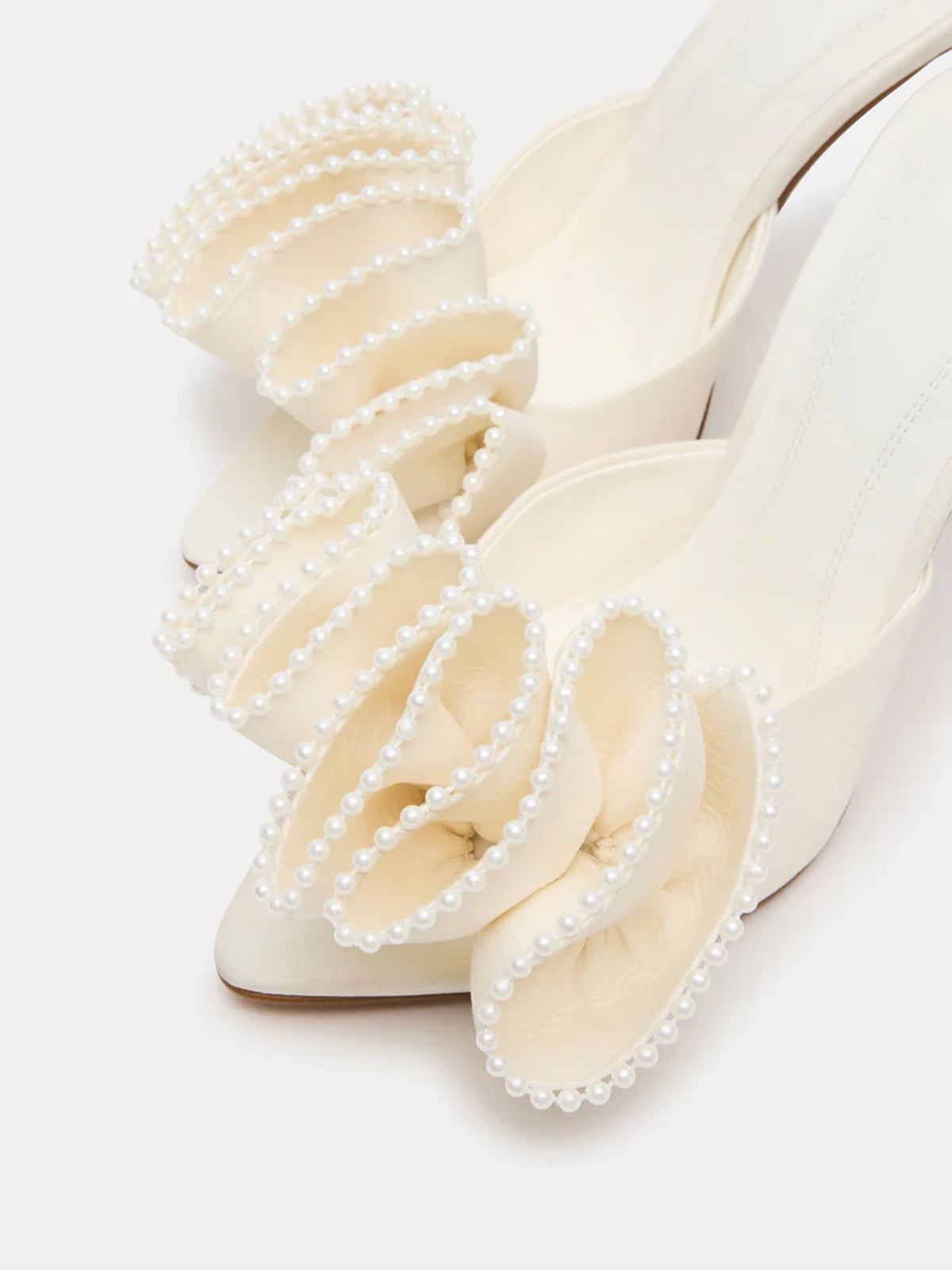Pointed-Toe Slip-On Pearl Ruffle High Heels - Ivory