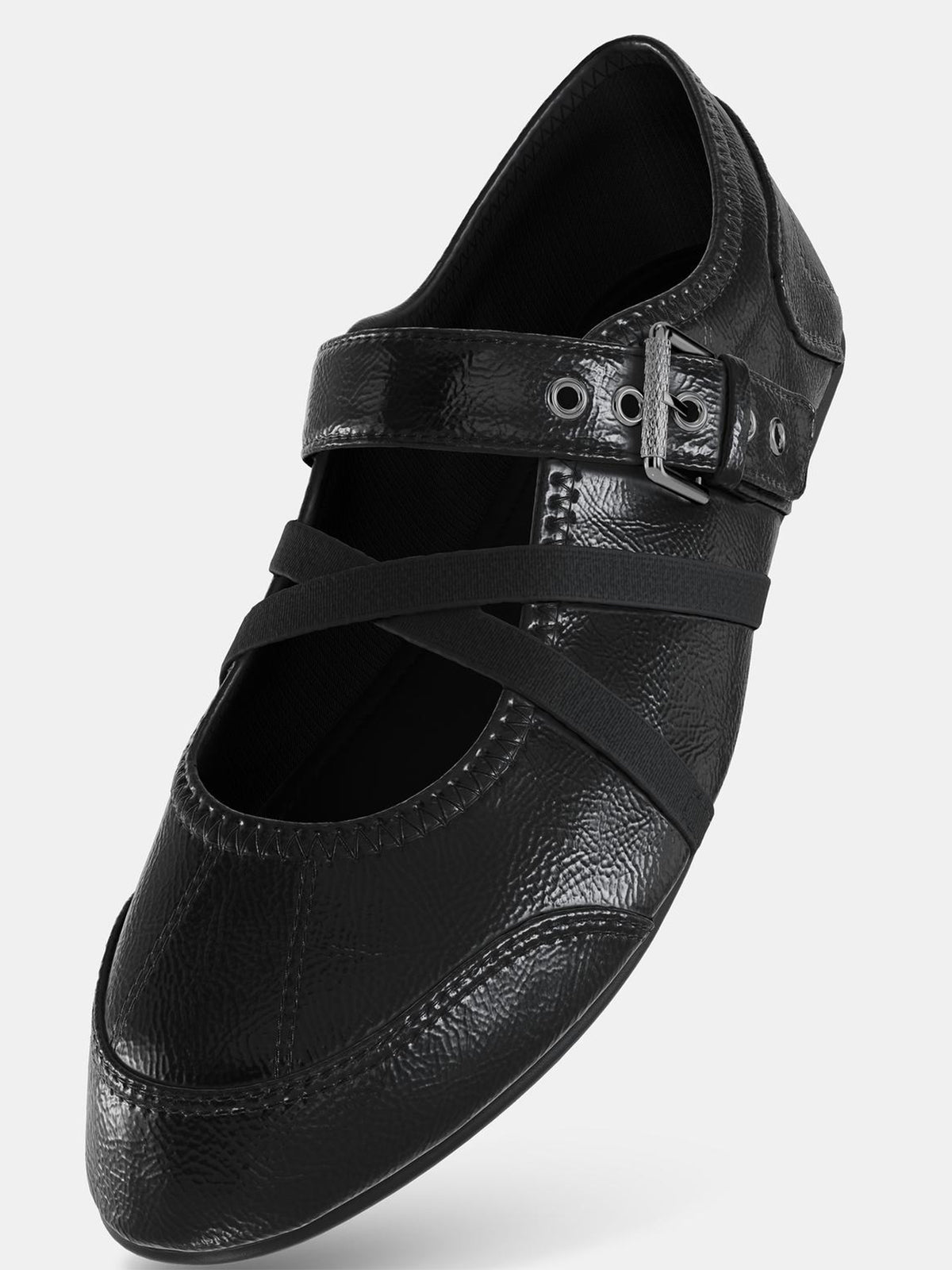 Patent Black Round-Toe Crossed Straps And Buckle Mary Jane Ballet Flats