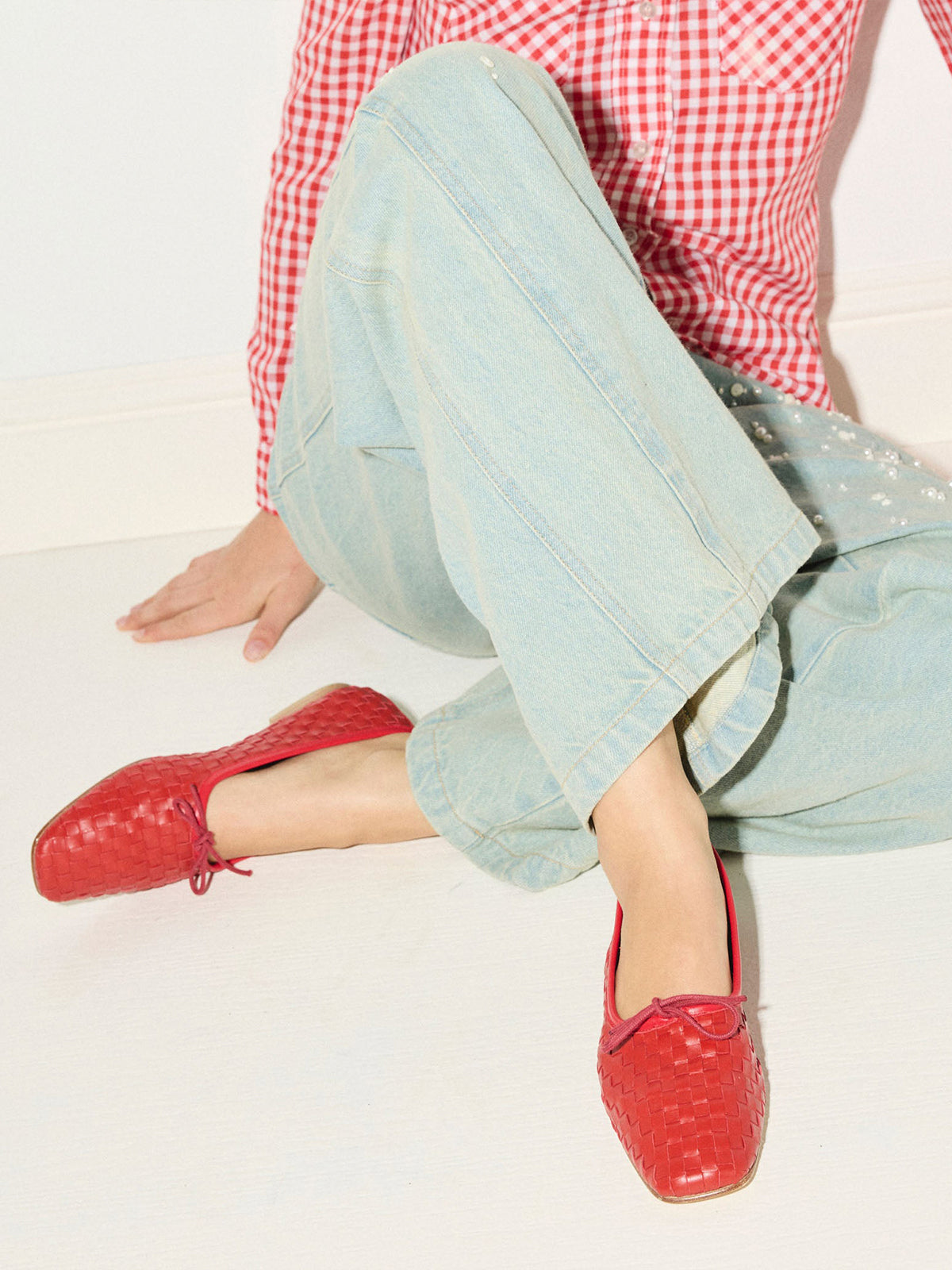 Vegan Leather Woven Square-Toe Bow Ballet Flats - Red