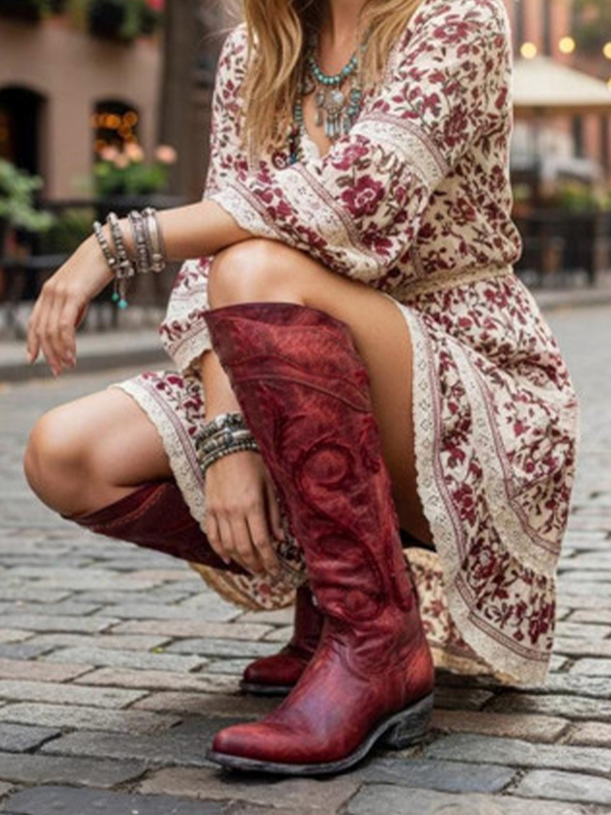 Dark Red Round-Toe Chic Embroidery Wide Calf Knee High Cowgirl Boots
