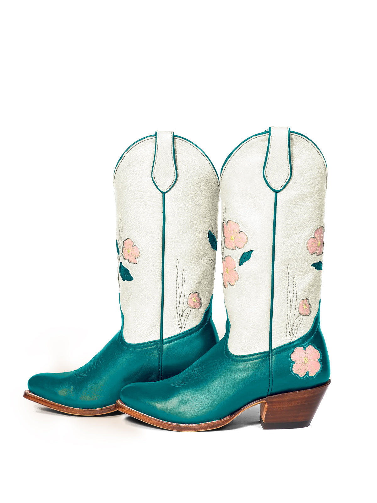 Contrast White And Turquoise Almond-Toe Fresh Flower Inlay Mid Calf Cowgirl Boots